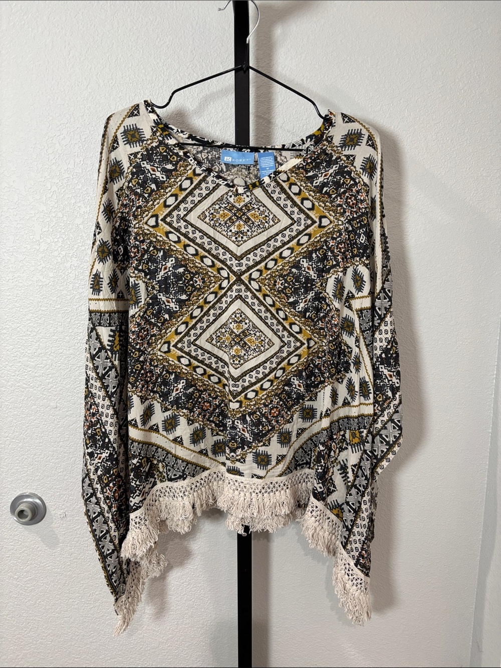 Koret Boho Fringe Pullover in White, Black & Mustard